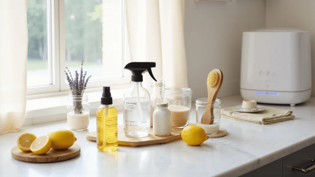 "Modern kitchen with natural cleaning supplies on marble countertop, fresh lemons, vinegar in mason jars, lavender sprigs, bamboo brushes, and an air purifier"