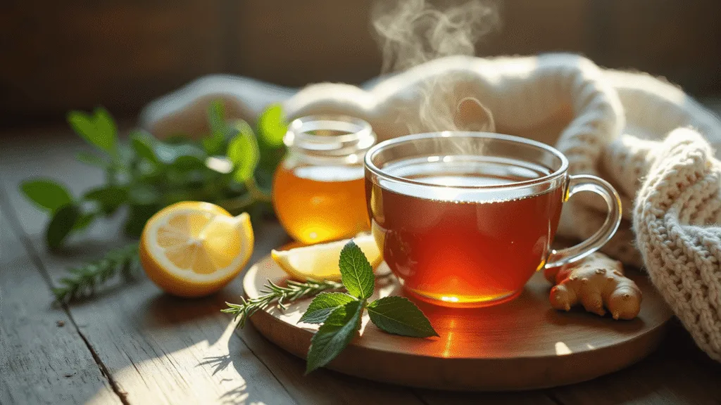 "Steaming herbal tea with honey, lemon, ginger and fresh herbs on a rustic wooden table in soft morning light"