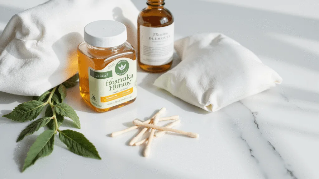 "Natural cold sore healing supplies including manuka honey, lysine supplements, cotton swabs, sage leaves, and ice pack on a bright white marble countertop"
