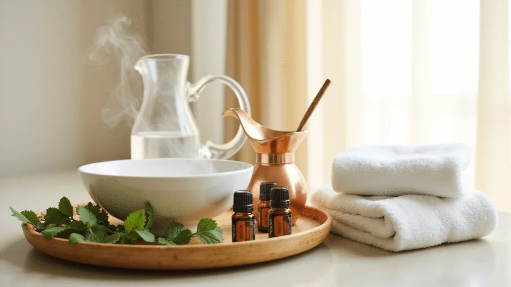 "Natural congestion remedies arranged on a bamboo tray in a serene bathroom with eucalyptus, a neti pot, essential oils, steam, and soft morning light."
