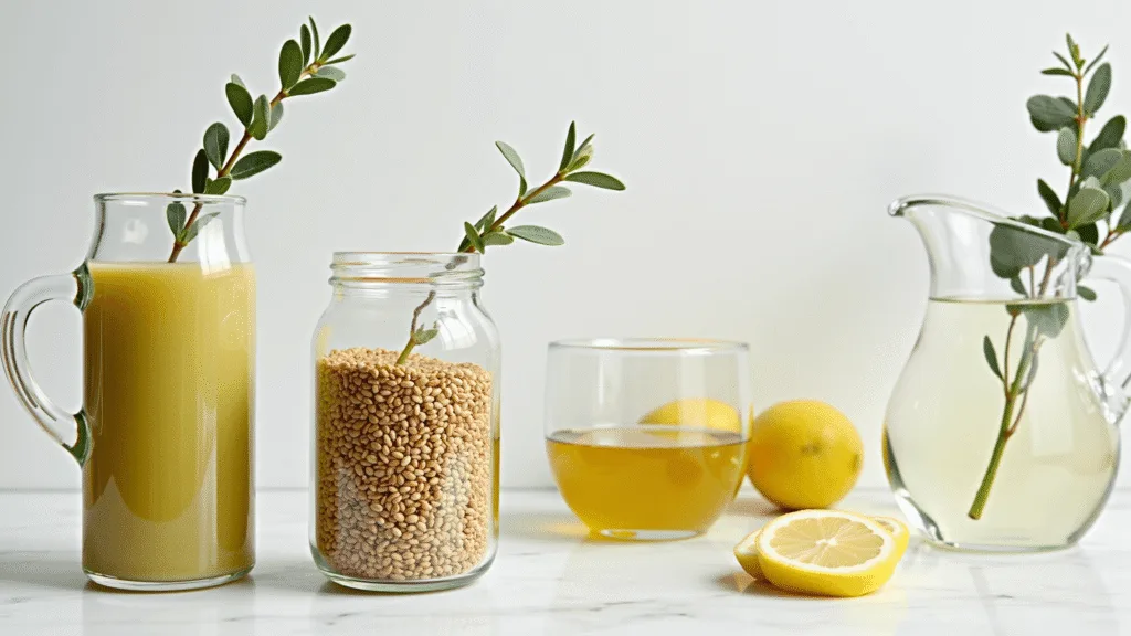 "Natural constipation remedies including prune juice, flax seeds, olive oil, water carafe and lemon on a white marble counter, garnished with eucalyptus in soft morning light."