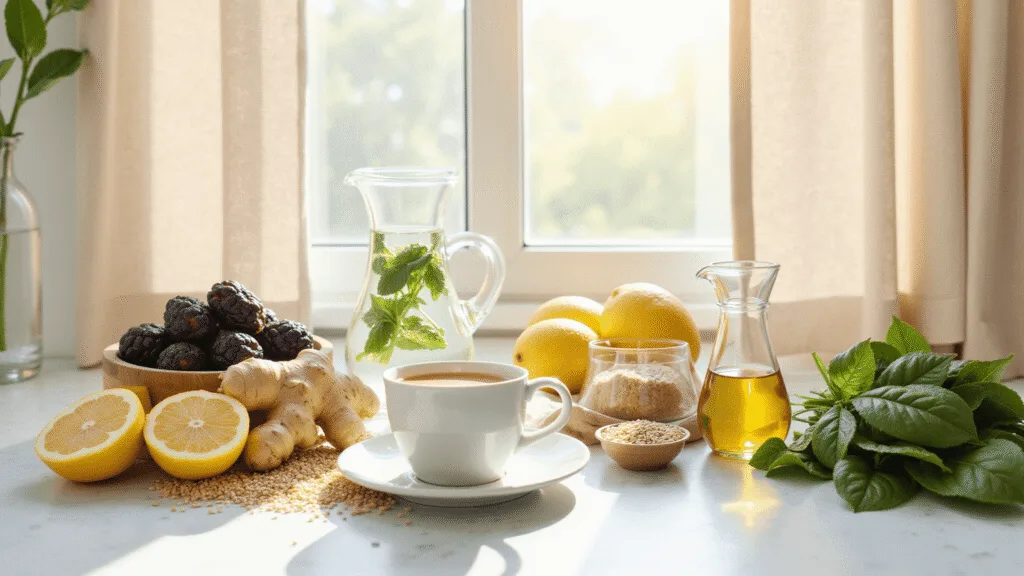 "Natural constipation remedies arranged in a sunny kitchen, including lemons, ginger, prunes, flaxseeds, mint-infused water, olive oil, spinach, and ginger tea."