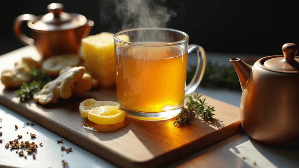 Steaming cup of ginger tea with honeycomb, fresh thyme, sliced ginger root, a copper kettle, and a recipe card on a rustic wooden board.