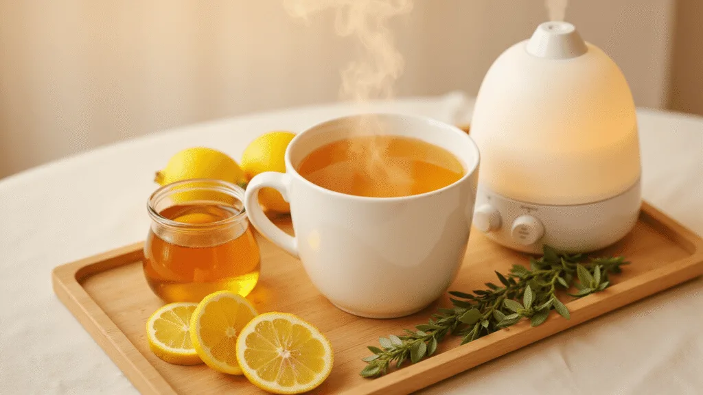 "Honey-lemon tea in a mug with honey, lemon slices, eucalyptus branches, and a humidifier on a bamboo tray in warm lighting"