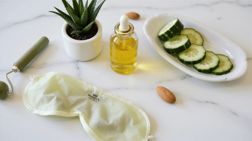 "Natural remedies for dark circles including cucumbers, green tea bags, and almond oil in a serene spa setup with jade roller, silk eye mask, and aloe plant."