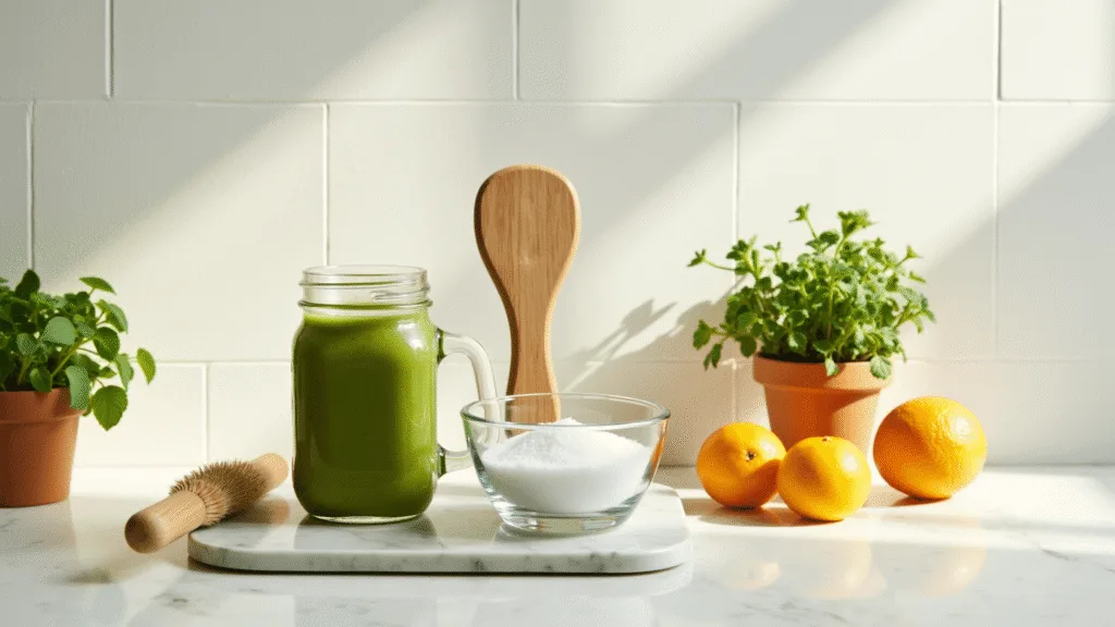 "Green smoothie, dry brush, Epsom salts, fresh herbs, and citrus fruits on a white marble counter in morning light."