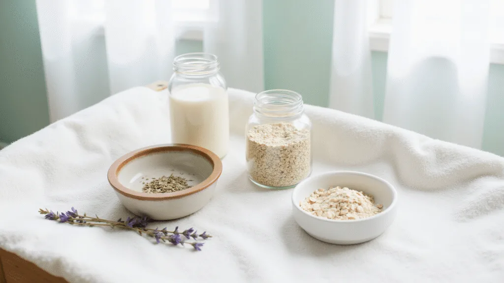 "Natural diaper care essentials including organic coconut oil, ground oatmeal, lavender sprigs, and muslin cloths in a serene nursery setting"