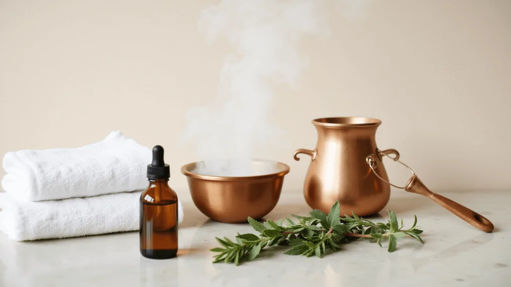 "Natural ear congestion remedies on a marble counter including a steaming bowl, eucalyptus sprigs, a neti pot, and olive oil in a dropper bottle"