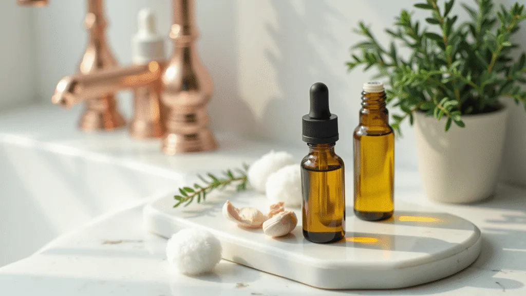 "Natural earache remedies including olive oil and garlic oil in dropper bottles, fluffy cotton balls and a warm compress on a marble bathroom counter illuminated by soft morning light."