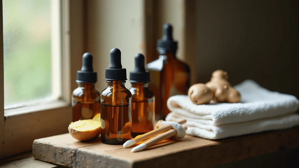 "Natural earache remedies including warm olive oil, garlic, ginger, cotton swabs, and washcloths on a rustic wooden shelf"