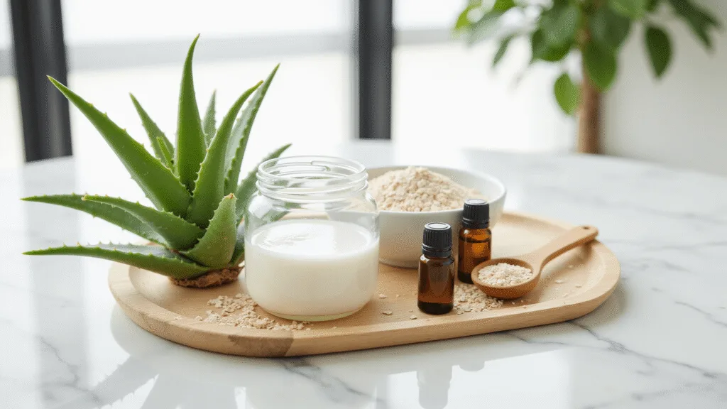 "Natural eczema remedies including coconut oil, aloe vera, oatmeal and essential oils on a white marble countertop in a bathroom with soft morning light."