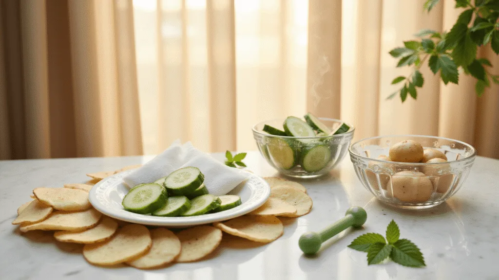 "Spa essentials including cucumber slices, tea bags and potato slices on a marble vanity under soft golden hour light"