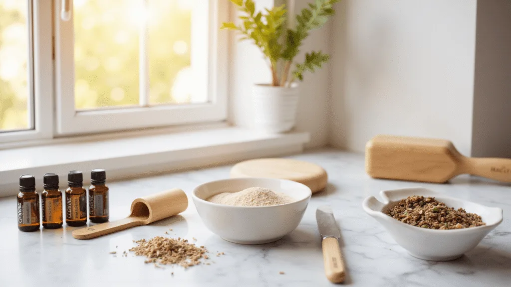 "Natural flea control supplies including essential oils, diatomaceous earth, herbs, eco-friendly pet products on a white marble counter with morning sunlight streaming through"