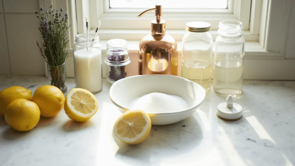"Natural flea remedies arranged on sunlit kitchen counter with salt, baking soda, lemons, copper spray bottle, herbs, and clear glass jars"