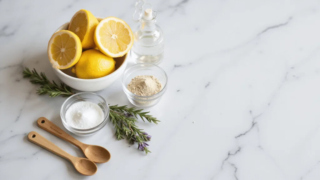 "Natural flea remedies including lemons, salt, diatomaceous earth on a marble countertop in minimalist style with soft lighting"