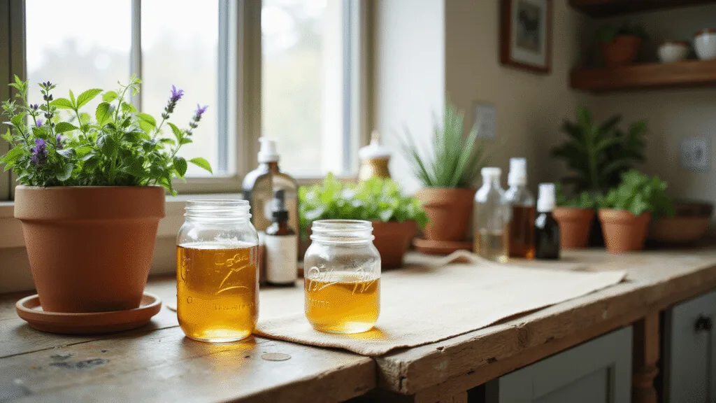 "Rustic kitchen with natural fly remedies such as vinegar traps and herbs in morning light"
