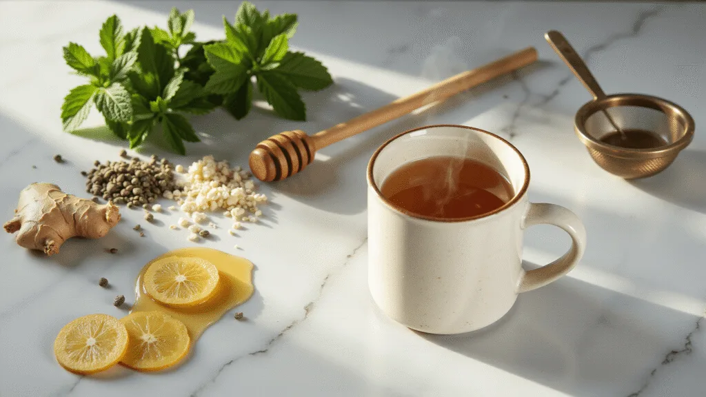 "Steaming herbal tea in ceramic mug with peppermint, chamomile, fennel, and ginger ingredients on marble counter in warm morning light"