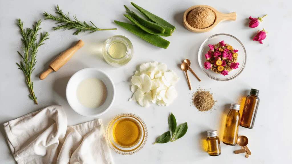"Flatlay of natural hair care ingredients including honey, coconut oil, and avocado on a marble surface with rosemary sprigs, lemon slices, eggs, oatmeal, oils, brushes, silk wraps and wooden combs"