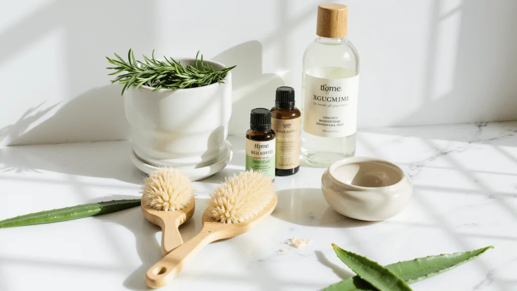 "Natural hair care ingredients including rosemary, coconut and essential oils, aloe vera leaves, and wooden brushes on a sunlit marble bathroom counter"