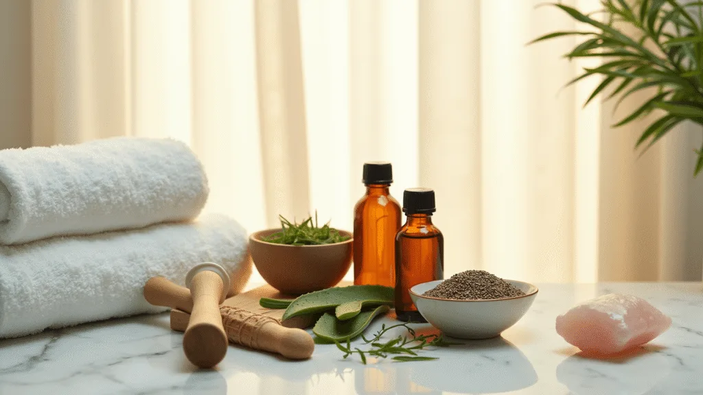 "Sunlit spa setting with rosemary oil, aloe vera, chia seeds, and other natural hair growth remedies on a marble counter"