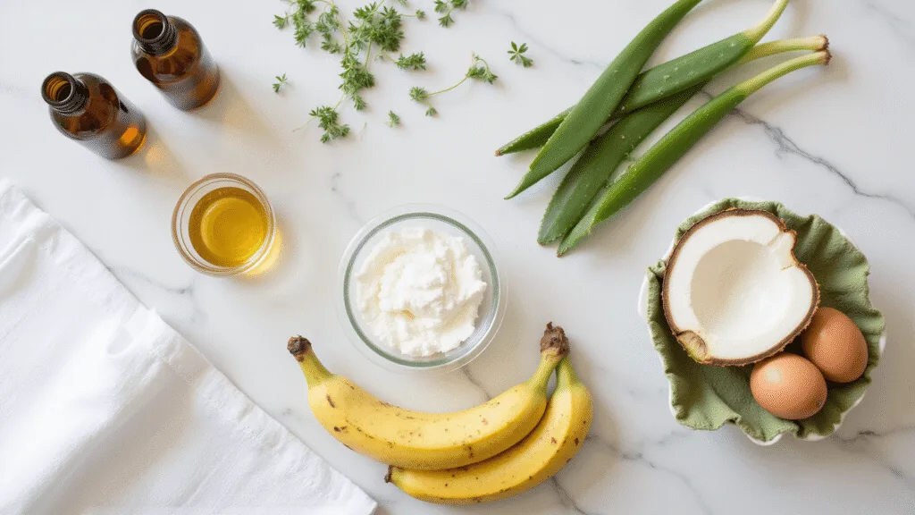 "Natural hair remedy ingredients including coconut oil, avocados, eggs, honey, aloe vera, bananas, and olive oil on a marble counter"