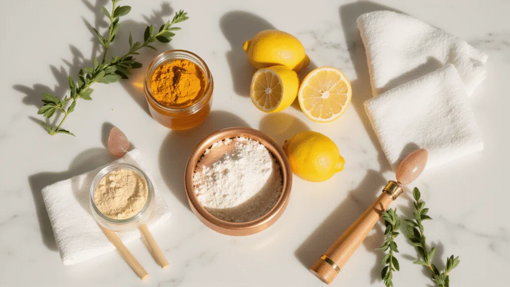 "Natural hair removal ingredients including turmeric, honey, lemon, and gram flour on a marble vanity, complemented by bamboo applicators and cotton cloths in warm setting."