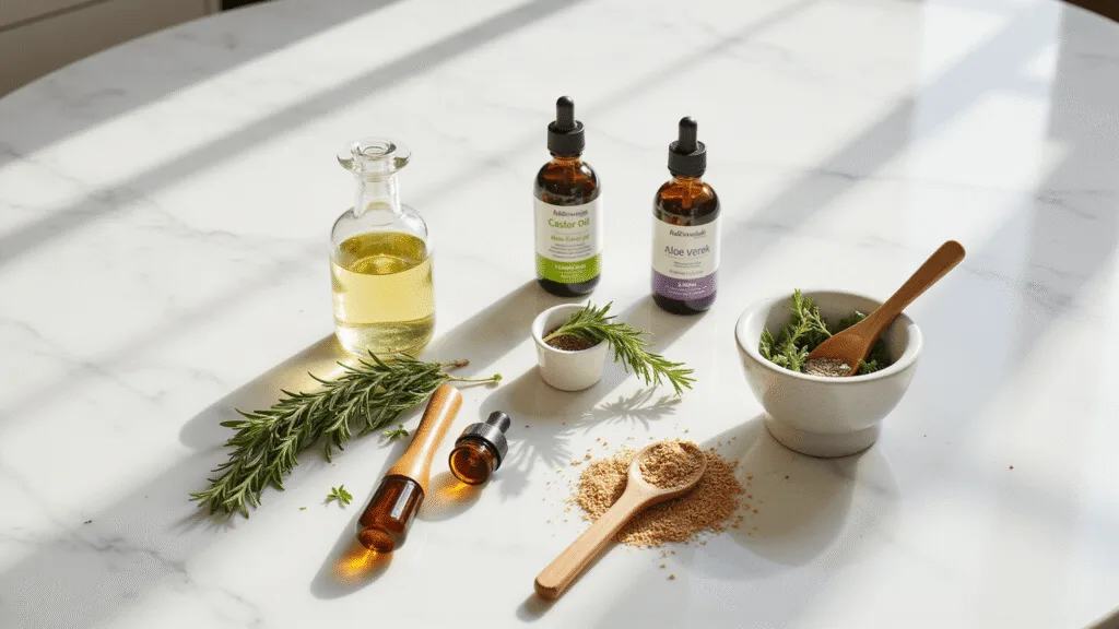 "DIY hair care ingredients including castor oil, aloe vera gel and fenugreek seeds on a white marble countertop in a sunlit kitchen"