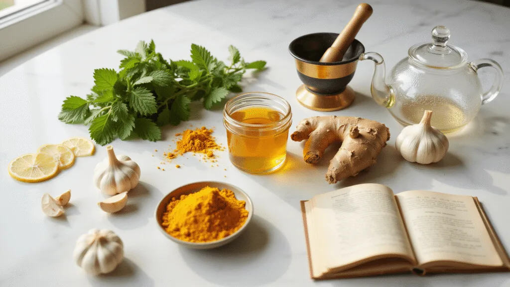 "Natural remedies featuring peppermint, ginger, turmeric, honey, and garlic on white marble counter in morning sunlight"