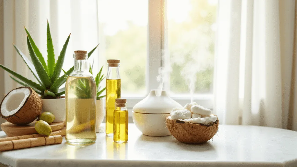 "Healing oils such as coconut and olive in glass bottles with fresh aloe vera leaves, bamboo accessories, and a steaming oil diffuser on a white marble countertop in soft morning light."
