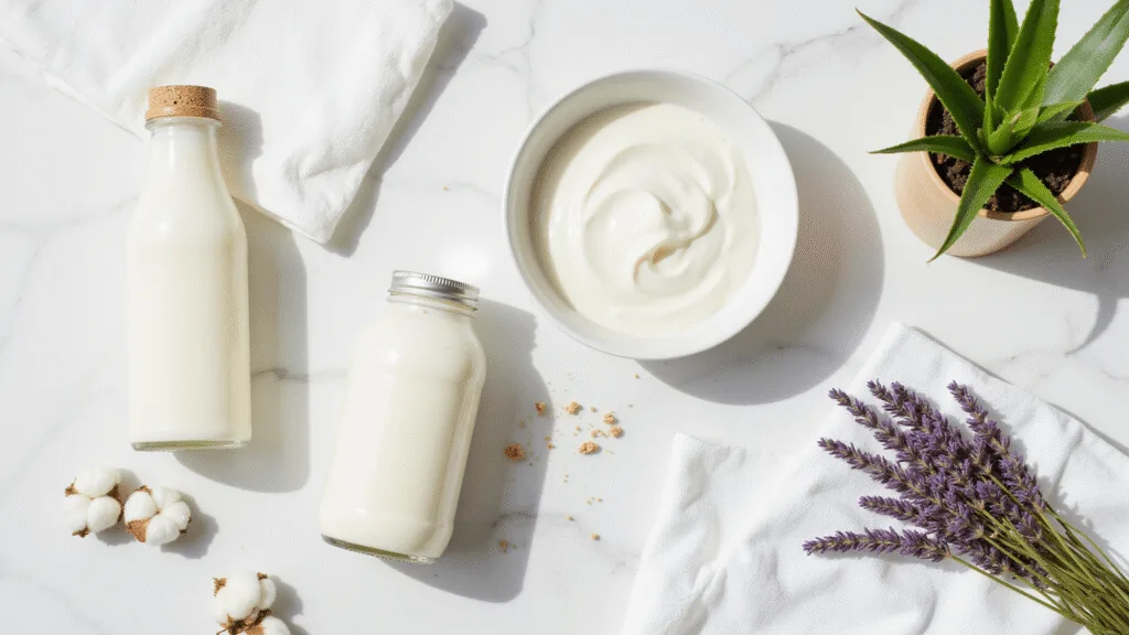 "Natural yeast infection remedies including coconut oil, yogurt, and apple cider vinegar on a white marble surface"