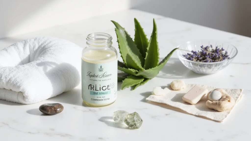 "Natural healing remedies including aloe vera leaves, arnica gel, ice pack, compression wrap, and healing crystals on a white marble counter at a spa"