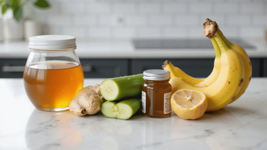 "Natural heartburn remedies including ginger, aloe, banana, honey, and apple cider vinegar arranged on a marble countertop in the soft morning light."