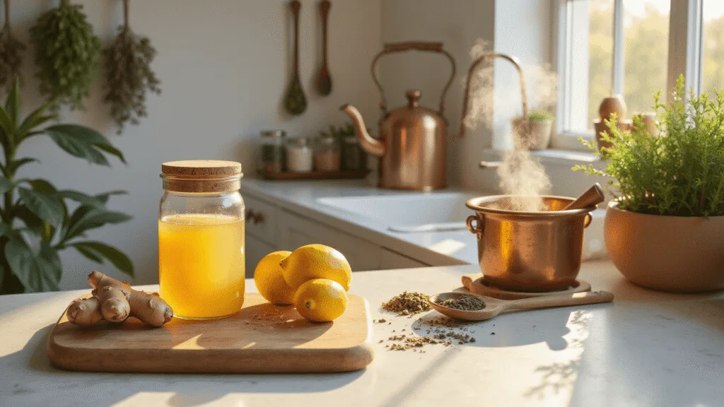 "Natural home remedies including ginger, honey, lemons, and dried herbs on a modern kitchen counter in warm golden hour lighting"