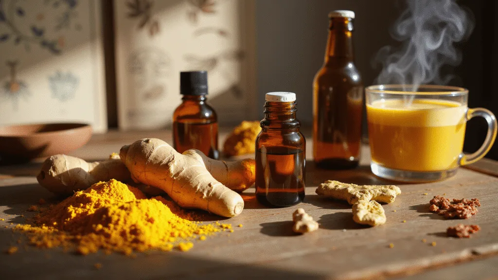 "Natural joint remedies including turmeric powder, ginger root, and Boswellia resin on a rustic wooden surface with amber bottles, in warm sunlight"