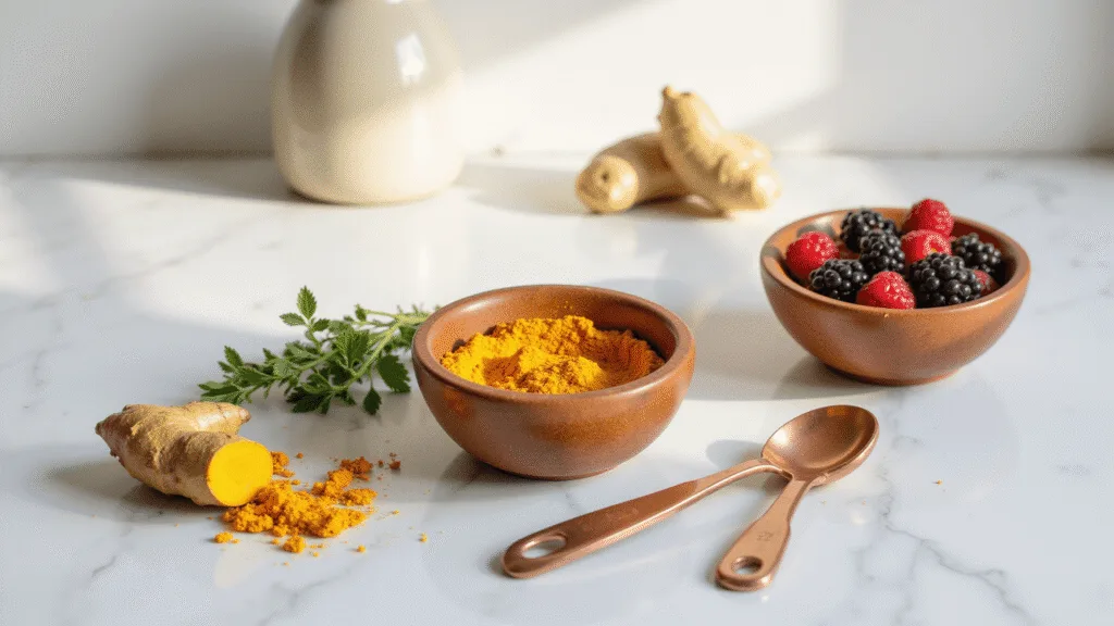 "Natural joint remedies including turmeric, ginger, berries, and herbs on a light marble countertop in morning light"