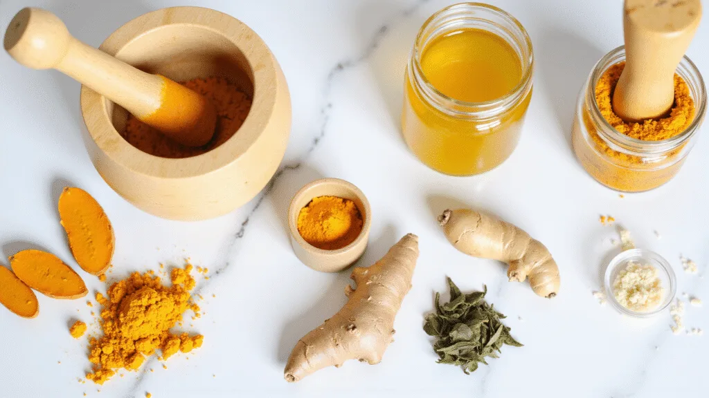 "Fresh turmeric roots, sliced ginger, green tea leaves and spices on white marble surface with mortar and pestle, and mason jars filled with turmeric tea"