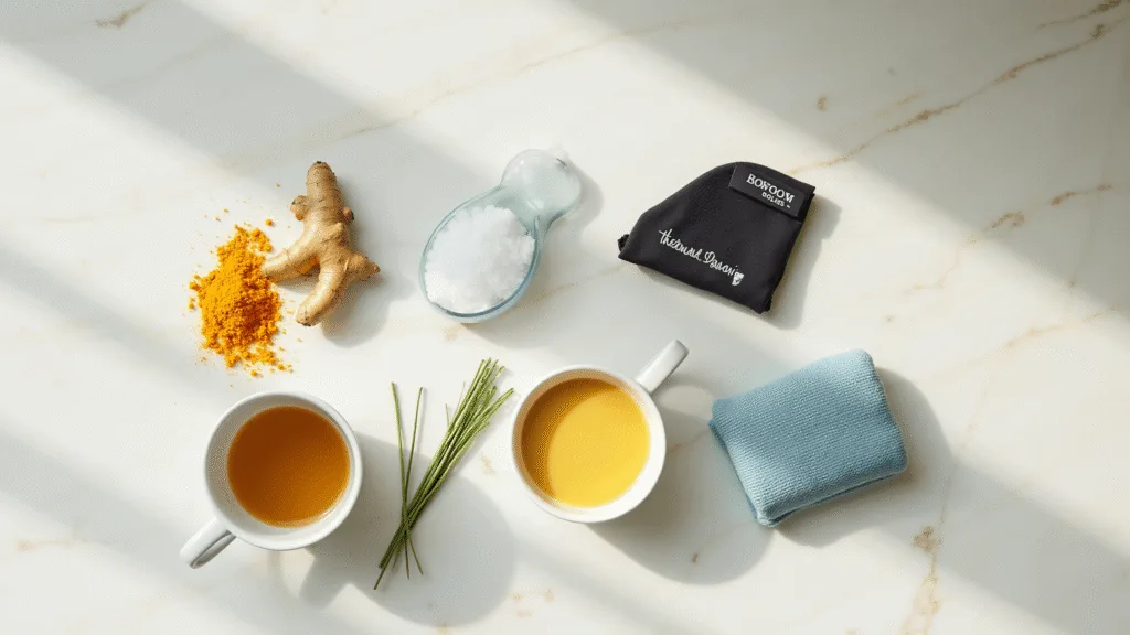 "Natural remedies for knee pain on a kitchen countertop, including turmeric, ginger, Epsom salt, a compression sleeve, an ice pack, a heating pad, golden milk, and fresh herbs."