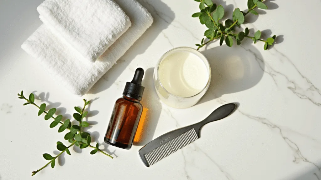 "Natural lice treatment supplies including coconut oil, tea tree oil, metal comb, shower cap, towels and eucalyptus on a marble counter"