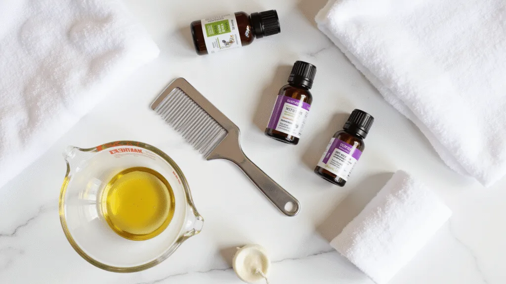 "Natural lice treatment tools including metal nit comb, essential oils, olive oil, vinegar in glass vessels, presented on a marble surface under bright natural lighting"