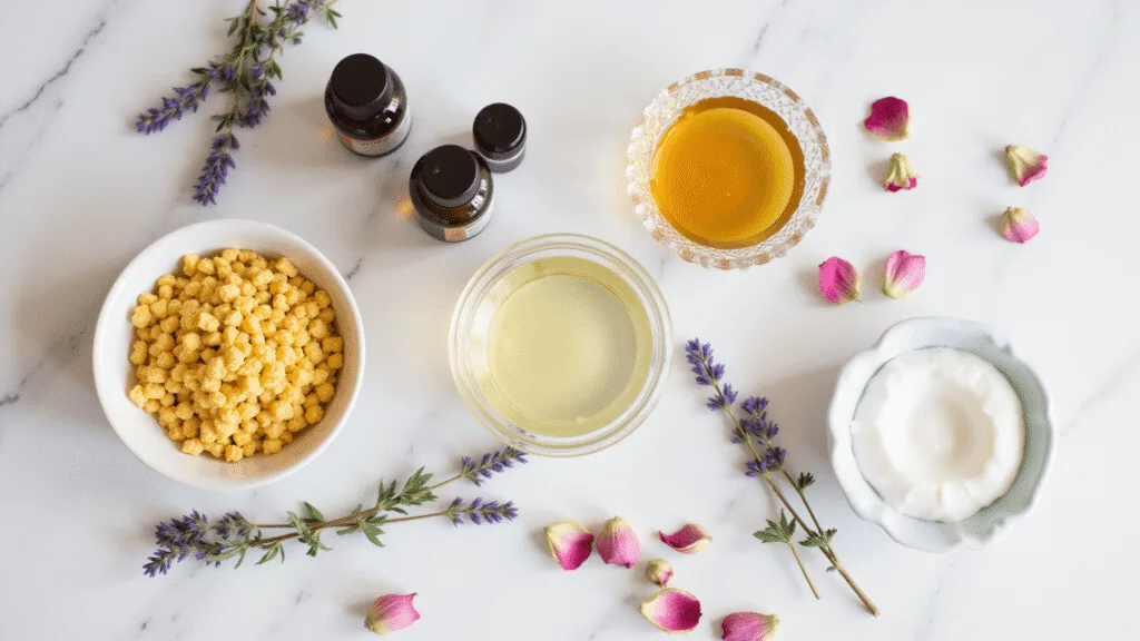 "Ingredients for DIY natural lip balm including beeswax pellets, coconut oil, honey, essential oils, with lavender sprigs and rose petals on a white marble surface"