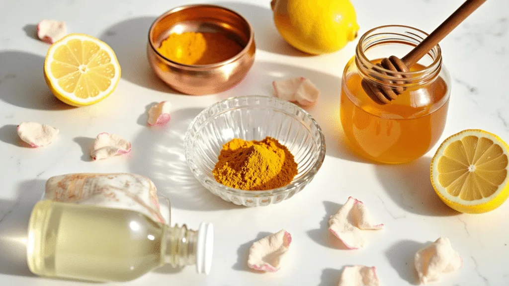 "Natural lip care ingredients including honey, lemon, turmeric, rosewater, and cotton pads on a white marble counter in golden hour lighting"