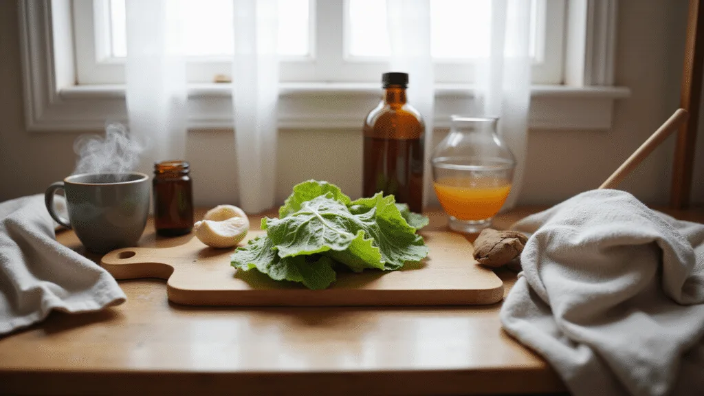 Natural remedies for mastitis including cabbage leaves, garlic, apple cider vinegar, echinacea tea, and ice packs on a warmly lit kitchen counter.