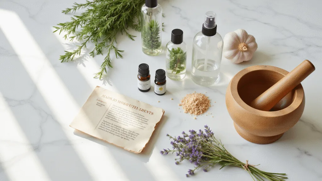 "Natural mosquito repellent ingredients including fresh herbs, essential oils, and crushed garlic arranged on a marble countertop in soft natural lighting"