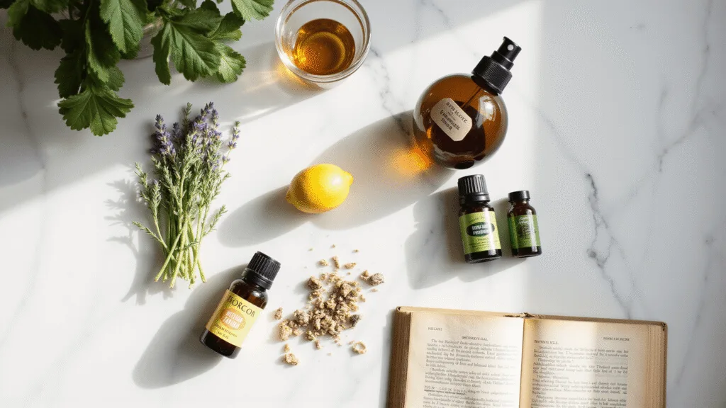 "Natural mosquito repellent ingredients including eucalyptus and lavender oils, fresh herbs and citronella stems on a sunlit marble workspace"