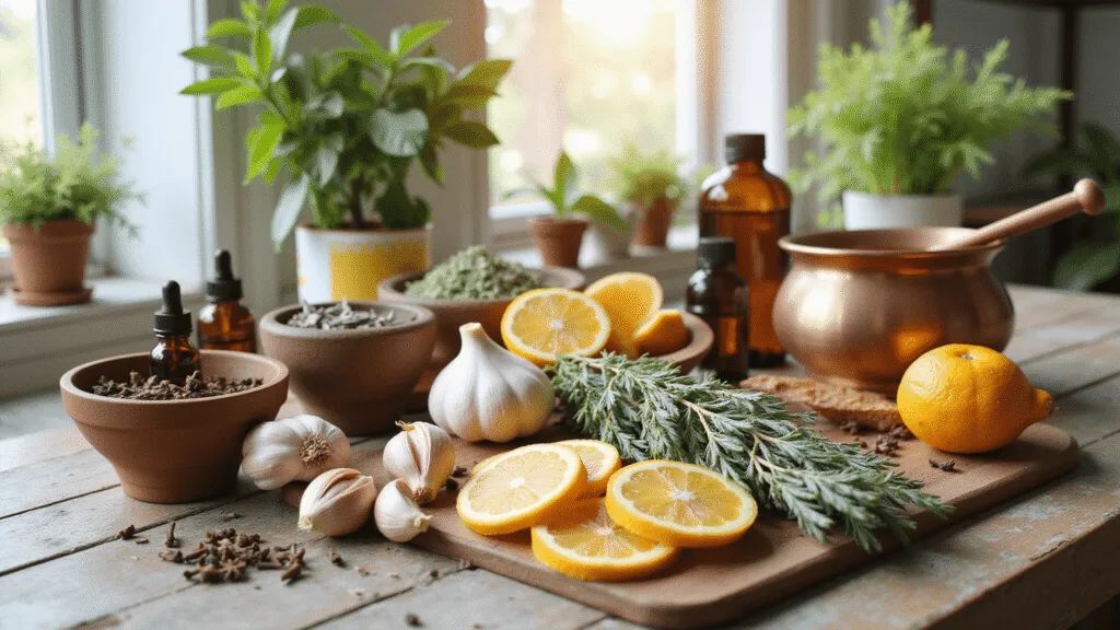 "Natural mosquito repellent ingredients including garlic, citrus, sage, and herbs on a rustic wooden table in soft morning light"