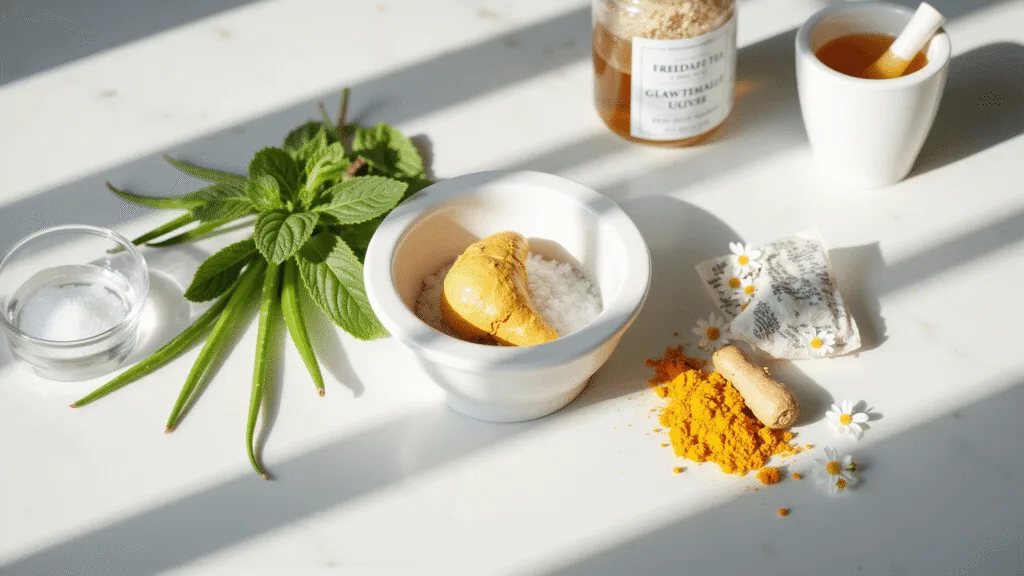 "Ingredients for natural mouth ulcer remedy on a kitchen counter including sea salt, aloe vera, turmeric, chamomile tea, honey and mint."