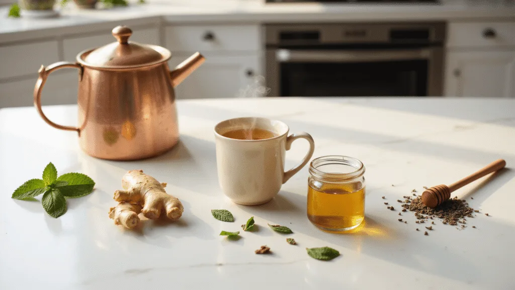 "Ginger tea with peppermint, honey and fresh herbs on a marble kitchen countertop in morning sunlight"