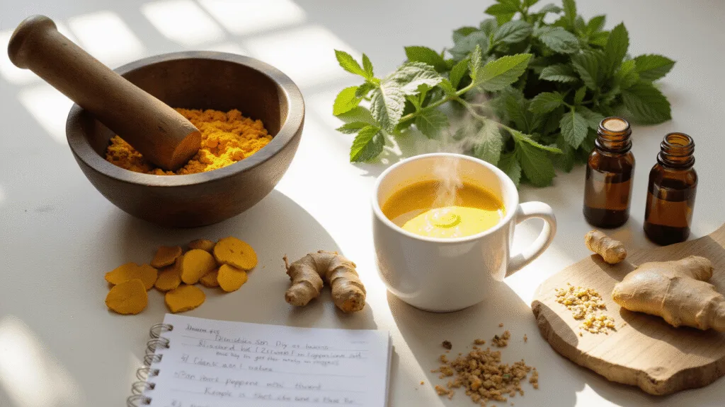 "Sunlit kitchen with a mortar and pestle grinding turmeric root, surrounded by ginger slices, peppermint leaves, essential oils, a steaming turmeric latte, and a recipe journal"