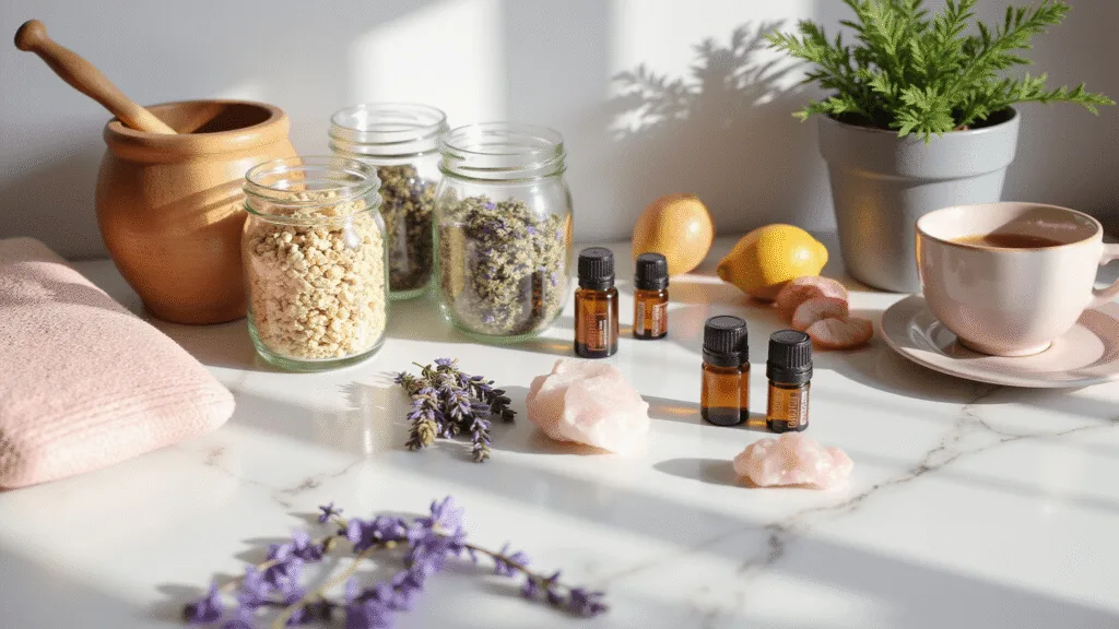 "Natural PMS relief items on white marble, including herbal supplements, essential oils, crystals, and herbal tea in warm morning light"