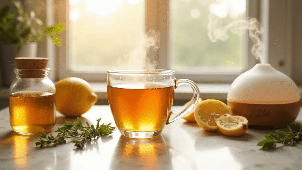 "Steaming honey-lemon tea with fresh lemons, honey jar, eucalyptus sprigs, and oil diffuser on a sunlit marble counter for natural remedies"